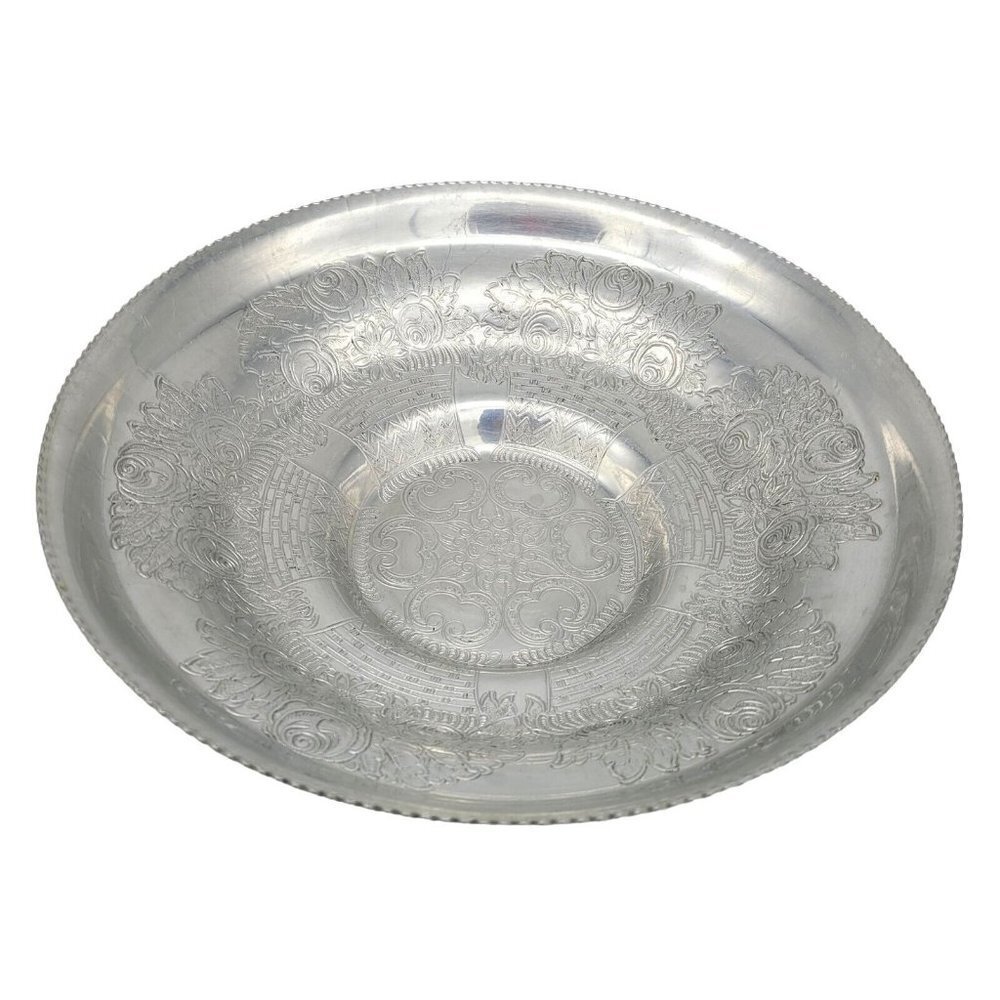 Vtg Hand Wrought Aluminum Serving Bowl Floral Roses Embossed Wilson Specialties